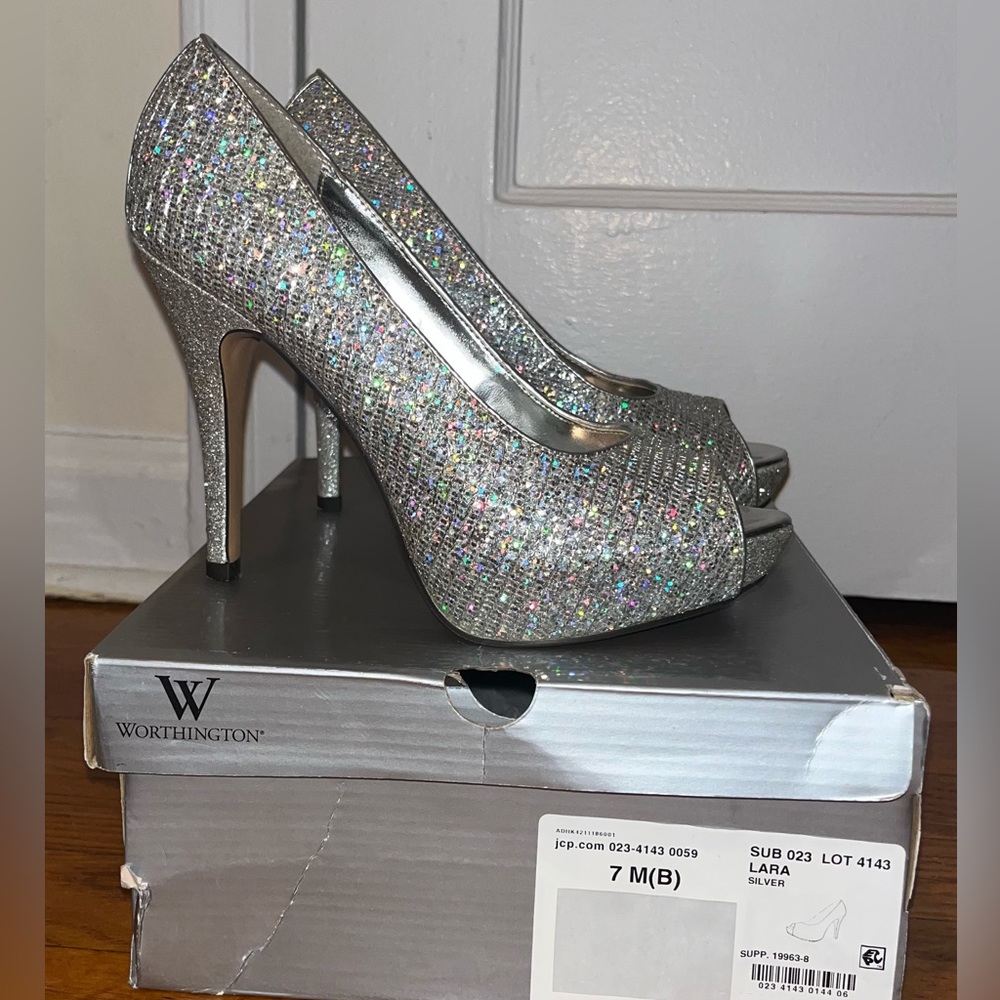 Silver Sparkle Peep-Toe Heels